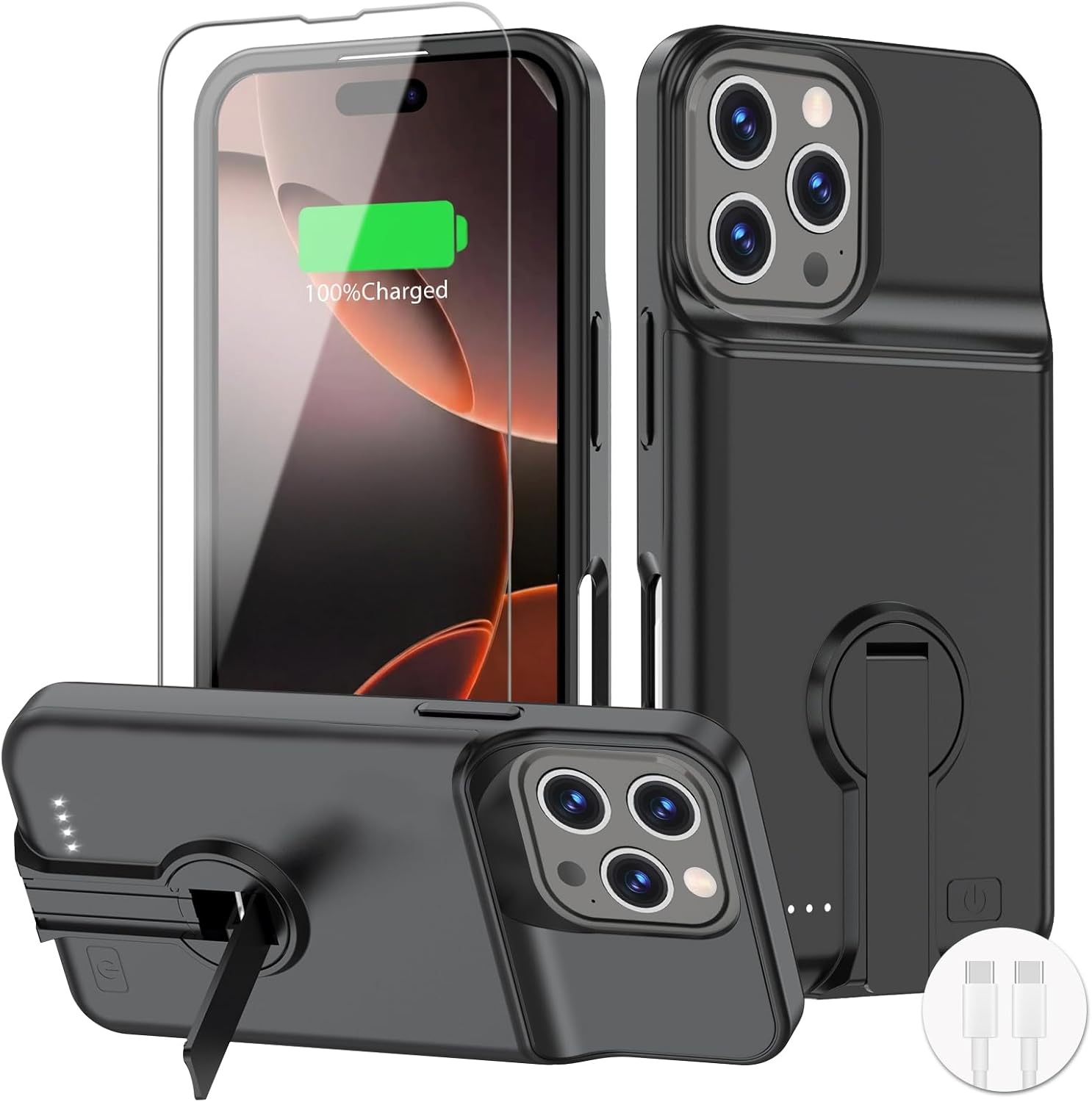 BOPPS Battery Case for iPhone 16 Pro Max with Stand，Slim Powerful 8500mAh Portable Rechargeable Protective Extended Charger Cover for iPhone 16 Pro Max Charging Case Black