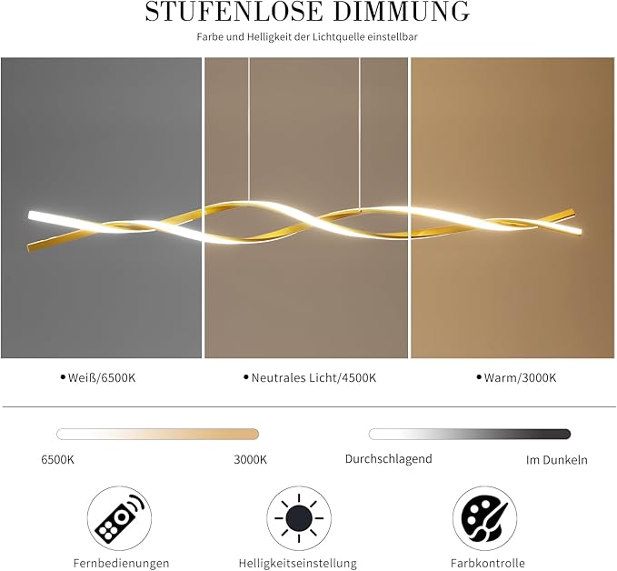 Mikeru Mikeru Golf-hanglamp, golf, lineaire led-hanglamp, 3000 k/4500 k/6500 K, golf, 10% tot 100% dimbaar, in hoogte verstelbare hanglamp met geheugenfunctie voor het keukeneiland photo 3