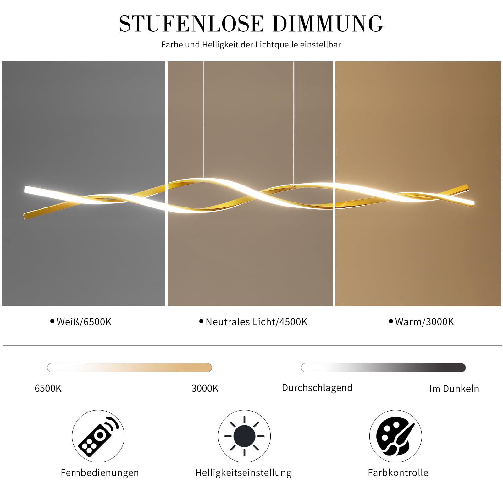 Mikeru Luce a Pendente a Onda da 150cm, Lampadario Lineare Dorato 3000K/4500K/6500K Luce a Onda Isola 10%-100% Dimmerabile Luci Appese Regolabili in Altezza con Funzione di Memoria per Isola Cucina