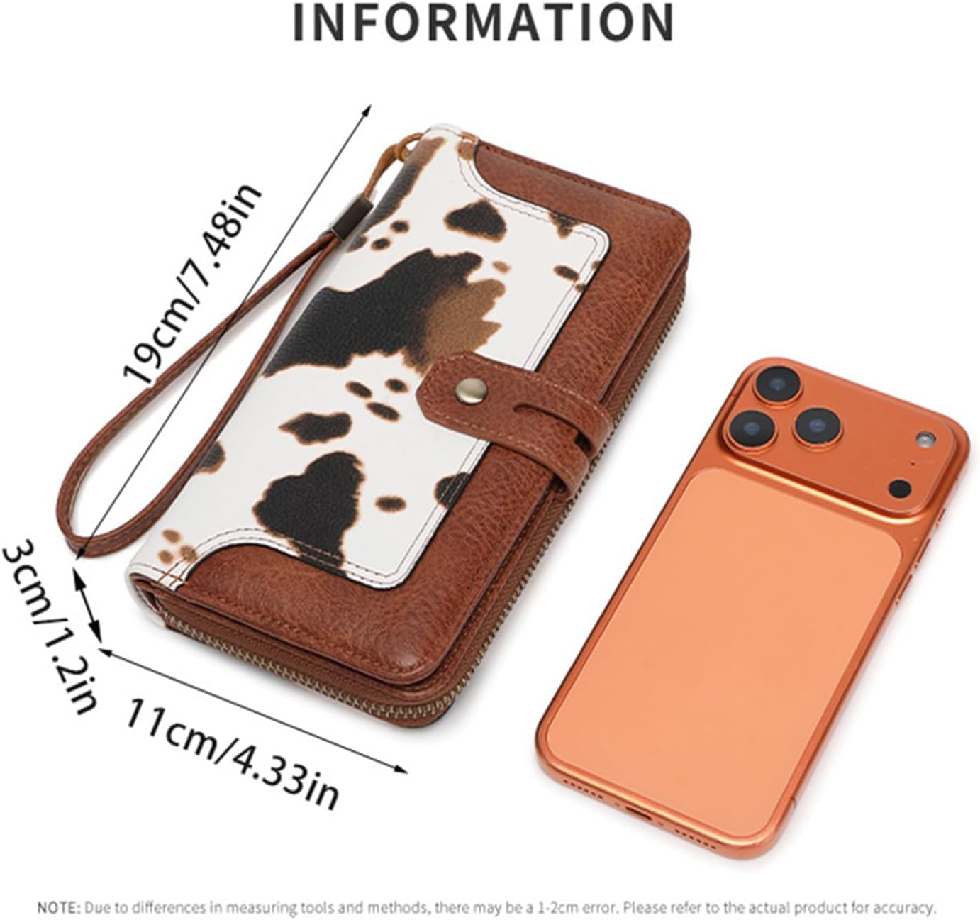 Womens Cow Print PU Wallet Zip Closure RFID Blocking Purse Retro Solid Color Portable Card Holders (Colorful, 19x3x11cm/7.48x1.18x4.33inch)