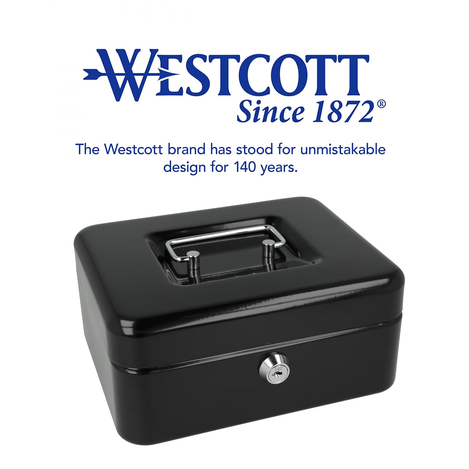 Westcott Kasetka na pieniądze z blachy stalowej, 200 x 161 x 89 mm, zamykana, z 2 kluczami i wkładką na pieniądze z tworzywa sztucznego, czarna, E-51001 BLACK