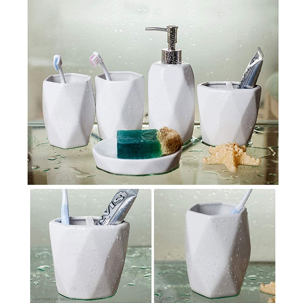 AWJ Haushaltswaren 5 teiliges Keramik Badzubehör Set,Modernes Design Badzubehör Badeset Für Bad Lotion Flaschen,Zahnbürstenhalter,Zahnbecher,Seifenschale,Grau Küche, Haushalt & Wohnen