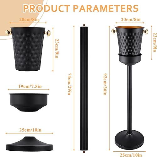 Miniatura 4 de Cubo de hielo champán con soporte, soporte de cubo de acero inoxidable, cubo de hielo negro dorado con asa de transporte para bebidas de vino,