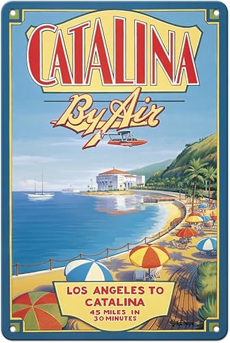 Pacifica Island Art Catalina By Air - Póster de viaje de Los Ángeles a Catalina por Kerne Erickson - Cartel de metal vintage de 8 x 12 pulgadas
