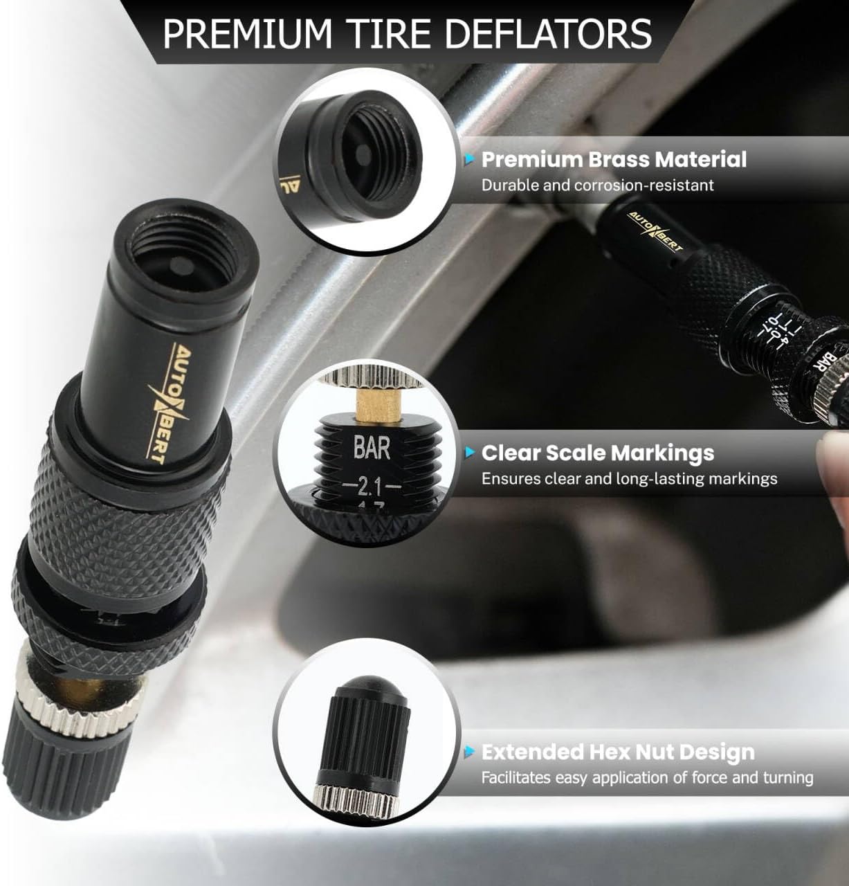 Adjustable Auto-Stop (10-30 PSI) Tire Air Down Deflator Valve Kit,Includes Valve Caps & Storage Bag,4-in-1 Valve Tool Compatible with Car, Truck, Jeep, SUV, ATV(Black)