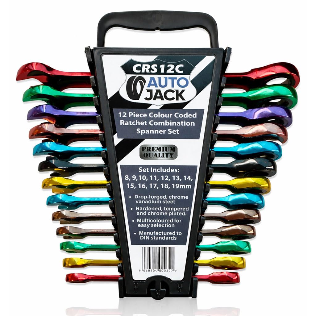 Ratchet Spanner Set 12pc – 8–19mm | Cr-V Steel | 72-Tooth | Colour Coded | Tray