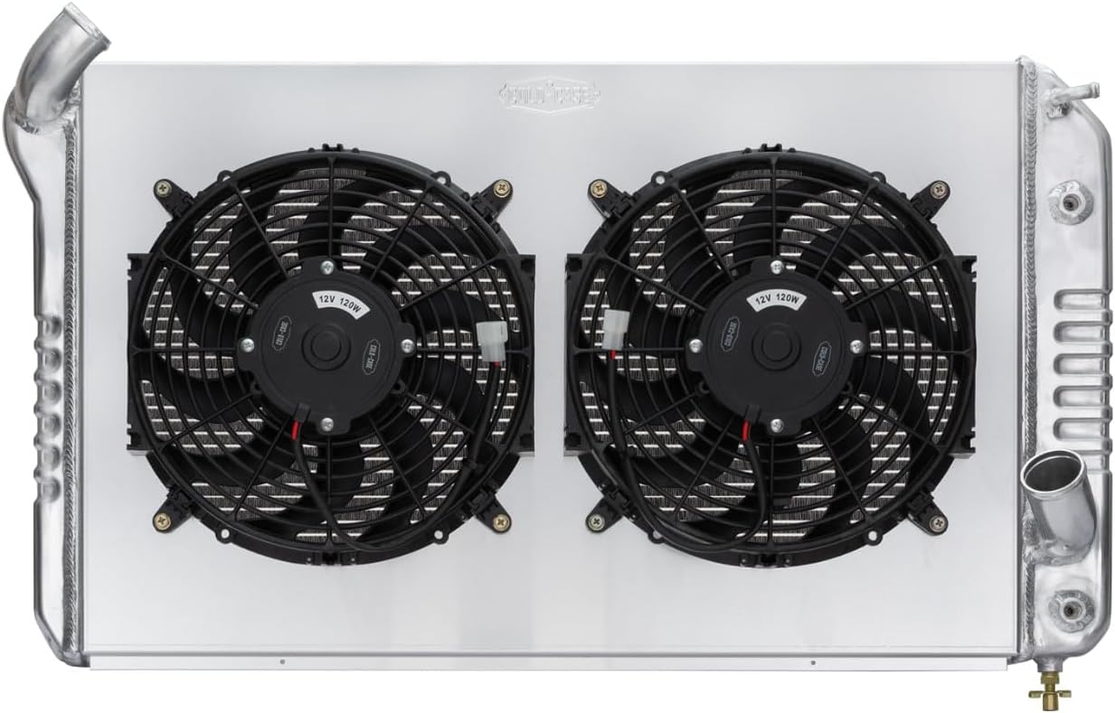 COLD - CASE CHV714A-1K Radiator and Fan, 31.75 in W x 19.5 in H x 6.75 in D, Dual Fans, Driver Side Inlet, Passenger Side Outlet, Aluminum, Polished, Compatible with Chevy Corvette 1969-72, Kit