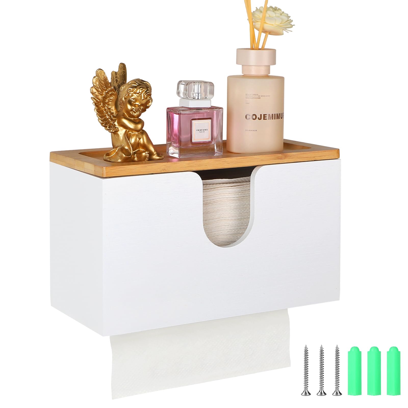 EFUTURETIME Distributeur Essuie Main Mural en Bambou, 27.5x16x13cm, Distributeur à Serviette en Papier avec Couvercle Magnétique pour Pliées en V/C/Z, Cuisine, Salle De Bain, Blanc