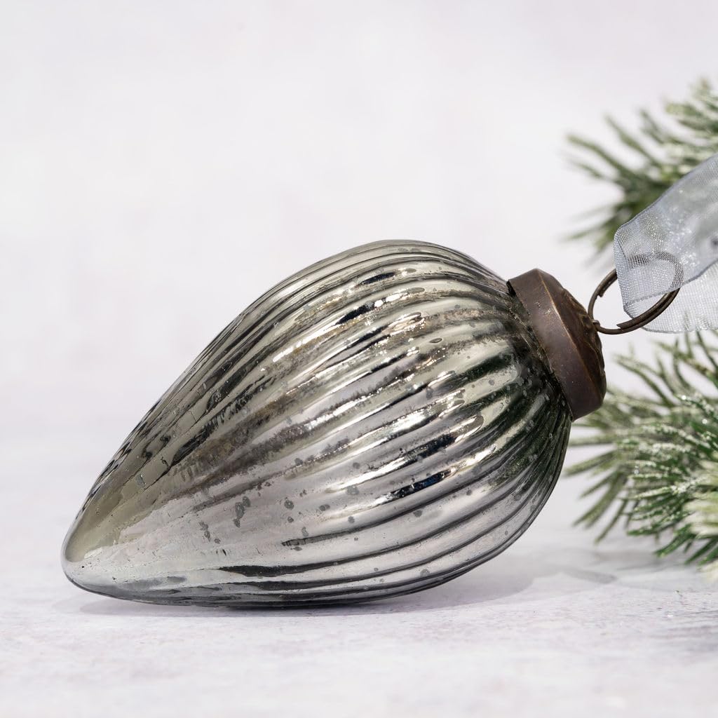 Arthur Cameron Slate – 3" Extra Large Ribbed Crackle Glass Pinecone – Hand-Blown Glass Christmas Tree Decoration & Elegant Christmas Bauble For Winter Displays (Slate)