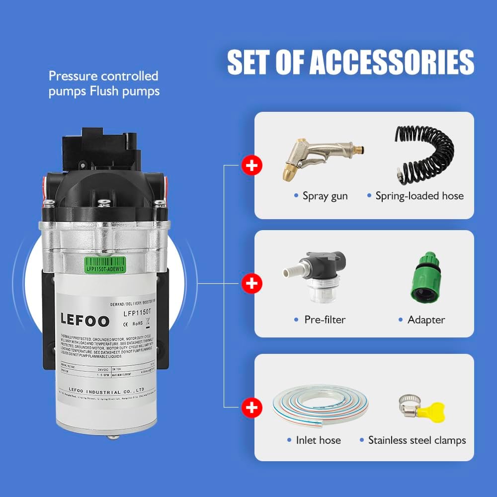 LEFOO LF1140T-3070 Water Pump-24V,1.4 GPM,70 PSI-On-Demand Water Pressure Diaphragm Pump for Marine,RV,Agriculture,Comes with car wash kit accessories