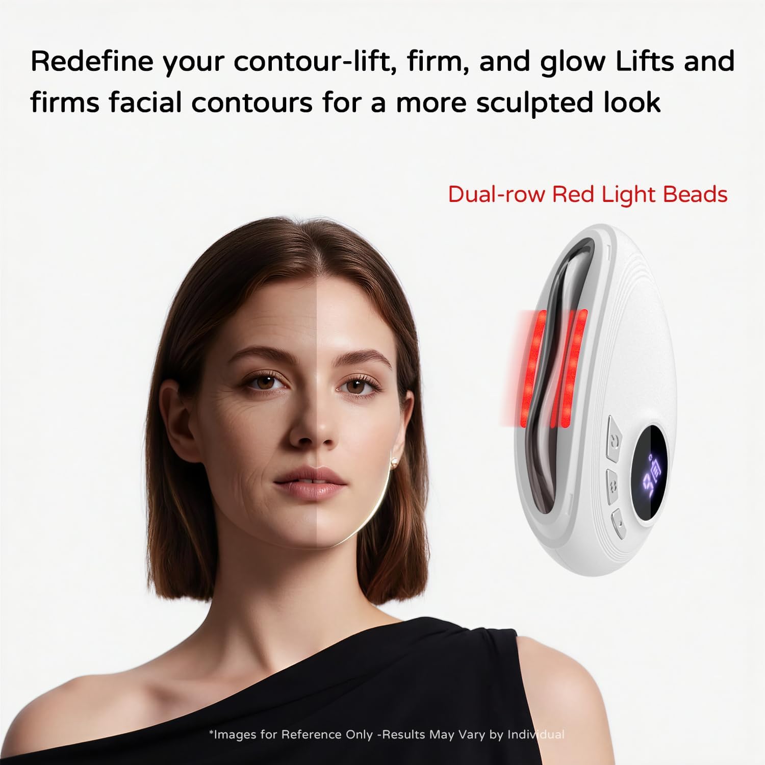 Professional LED Red Light Gua Sha Massager, 9-Level Adjustable Face and Neck Sculptor for Skin Firming, Jawline Contouring & Serum Absorption, Portable Metal Facial Skincare Tool - White