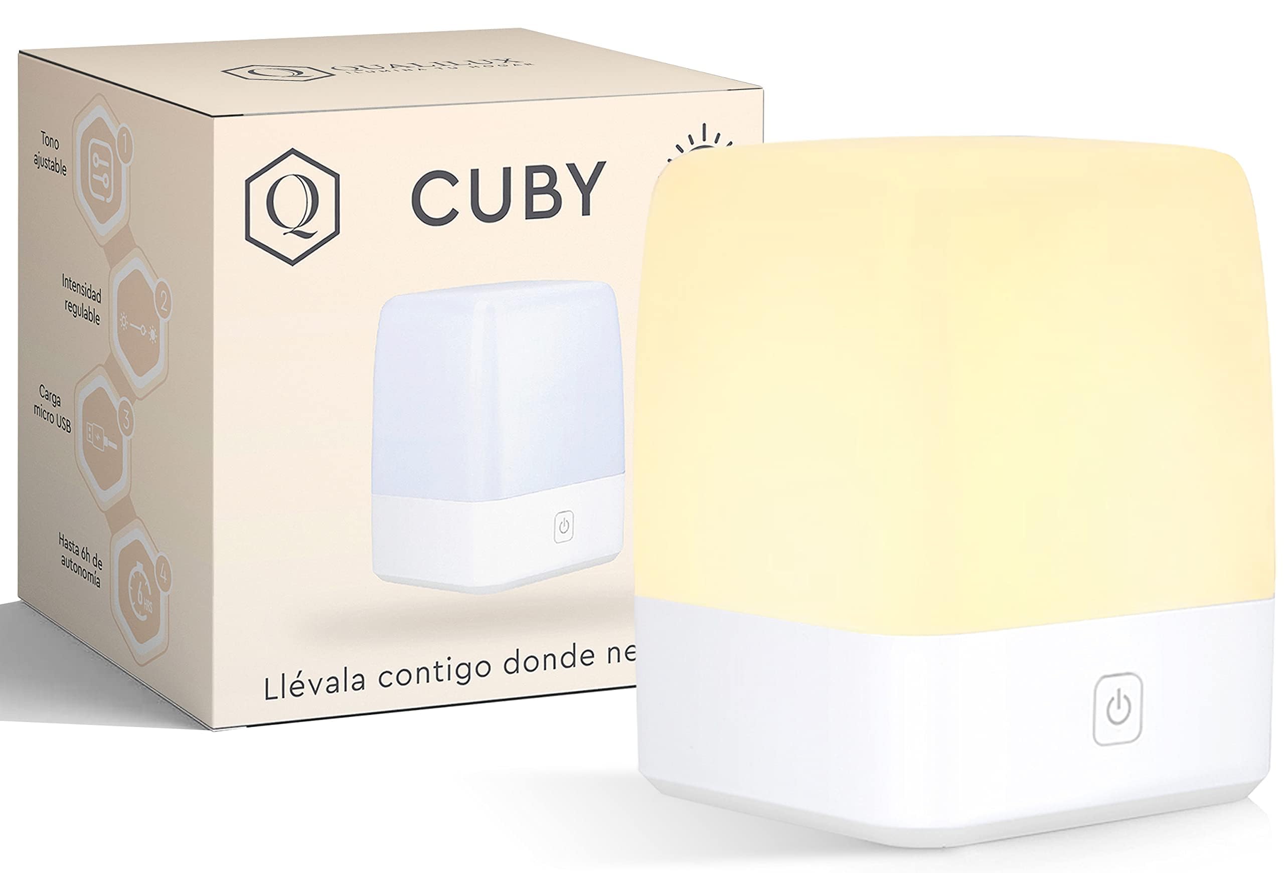 CUBY - Lámpara de Mesita de Noche Infantil Recargable USB, Luz LED con 2 Tonos de Color y Ajuste de Intensidad, Compacta y Segura, Luz de Acompañamiento Perfecta para Niños - Portátil y Duradera