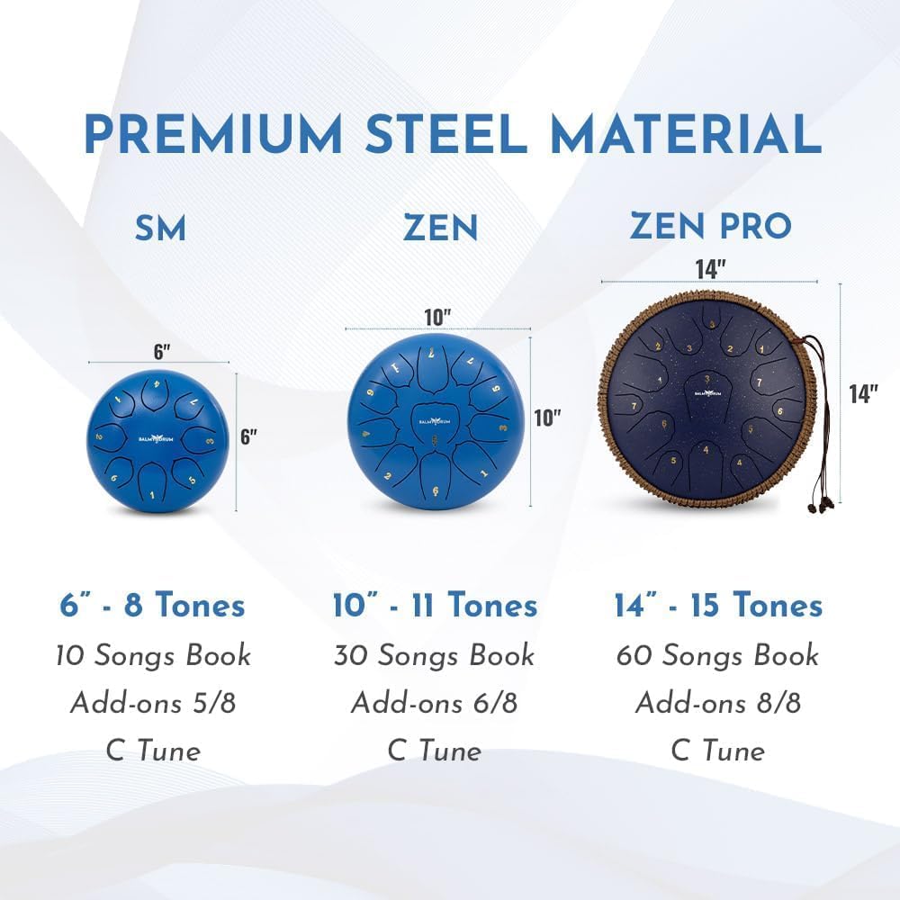 The Balmy Drum - 11 Note 10 Inch Steel Tongue Drum, Steel Drum Instrument, Drums For Children and Adults, Balmy Drum Set for Kids with Music Book, Handpan, Mallet and Carry Bag (Blue)