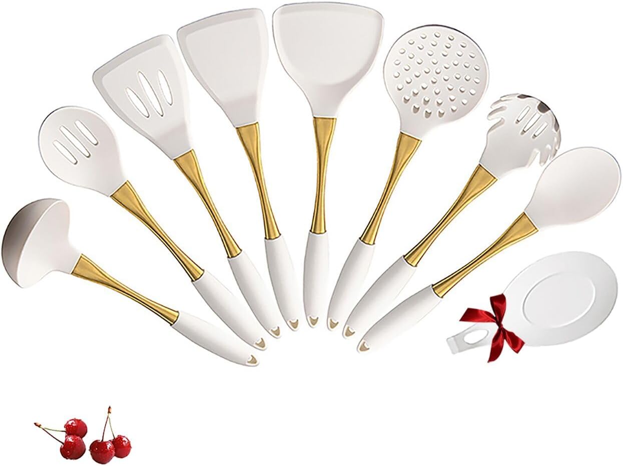 White And Gold Silicone Cookware Set, 9-Piece, Universal Kitchen Utensils,gold with white kitchen utensils，Silicone Spatula Cooking Spoons for Nonstick Cookware Golden Stainless steel Handle