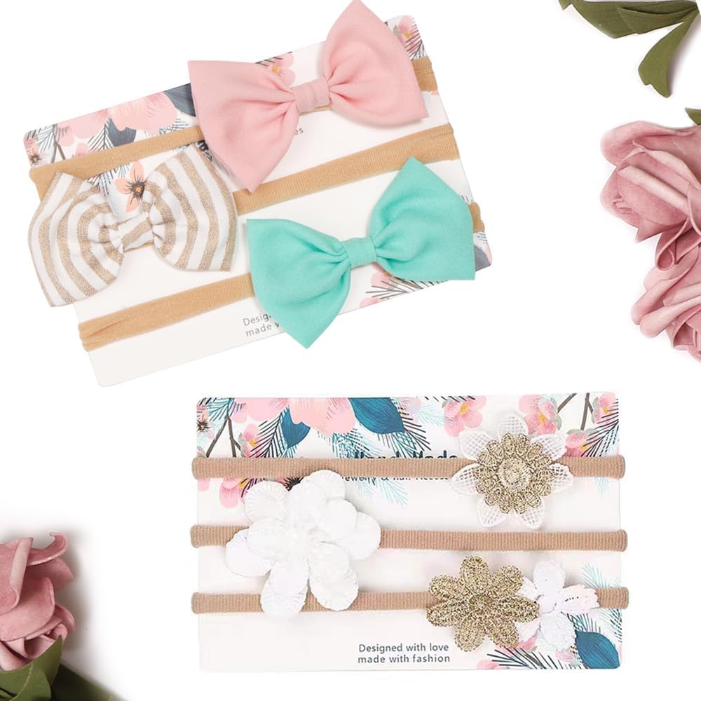 6pcs Flower Headbands Elastic Floral Hair Band, Bows Wrap Headband for Baby Girls, Infants and Newborns - Multicolor