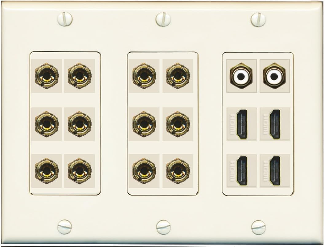 RiteAV 6.2 Surround Sound 6 Speaker 12 Banana Plug Jack Wall Plate w/ 2 RCA Subwoofer + 4 HDMI Female Connectors - 3 Gang [White]