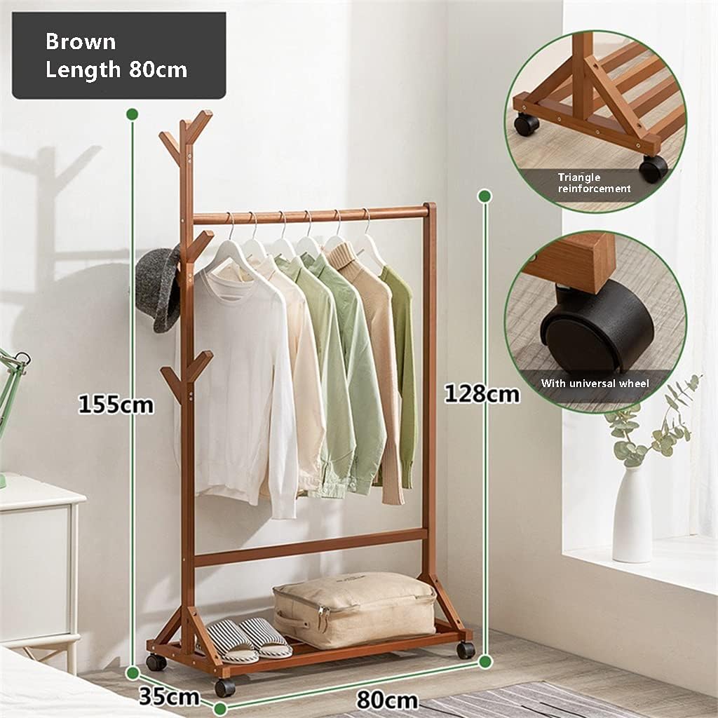 Floor-Standing Solid Wood Rotating Coat Rack，Bamboo Coat Rack with Wheels and Shoe Storage Shelves Multifunctional Garment Orga for Bedroom Easy to Install Brown 80cm