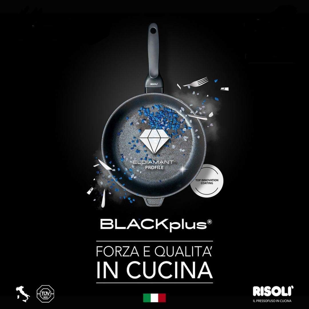 Risoli Padella BLACKplus® Alluminio PRESSOFUSO Antiaderente El Diamant Ultra Resistente FRYPAN Made Italy (32 CM)
