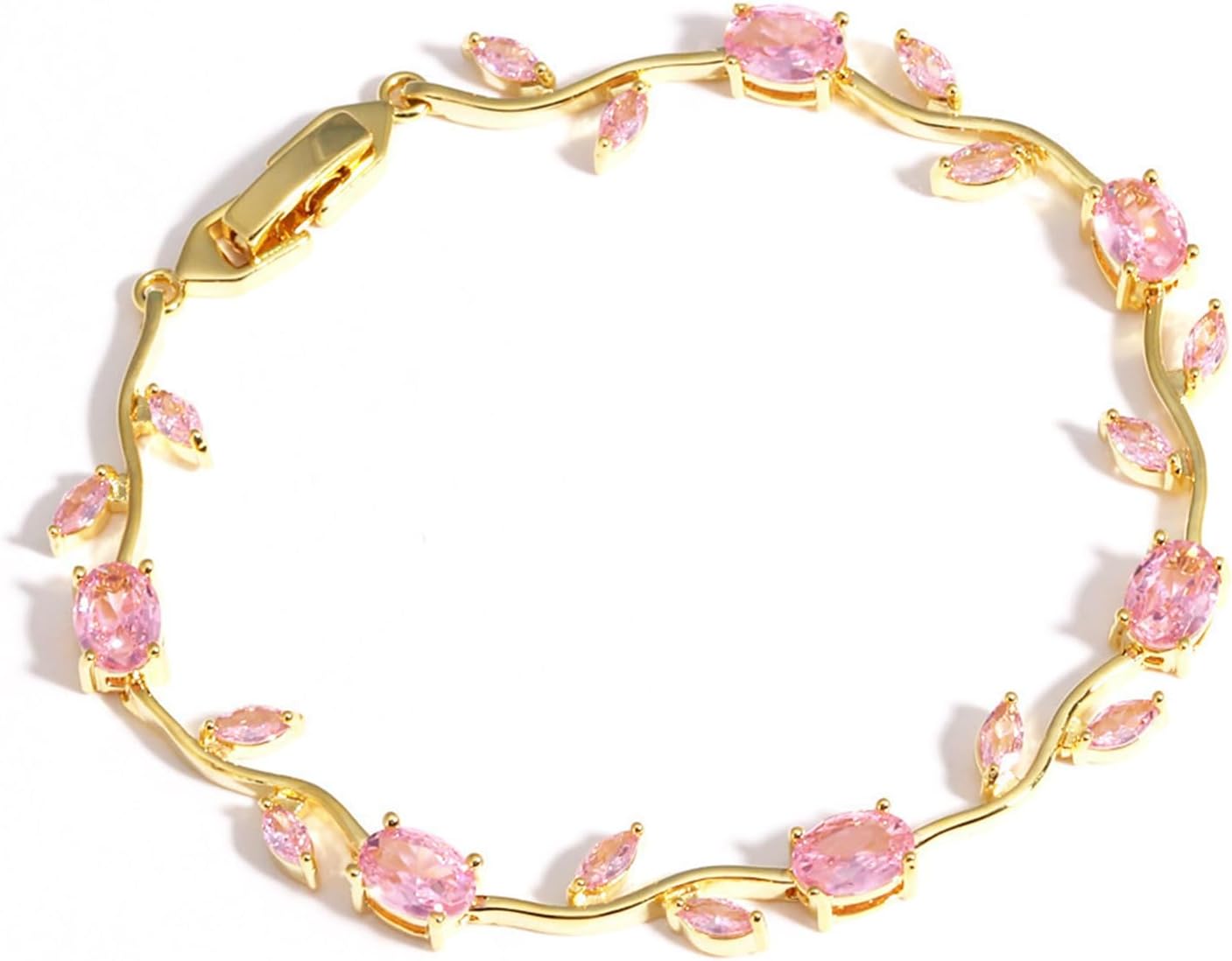 Tulip Bracelet for Women Gold Pink Flower Link Bracelet Dainty Crystal Flower Leaf Bracelet Colorful Cz Cubic Zirconia Floral Bracelets Lightweight Unique Wedding Prom Party Gift