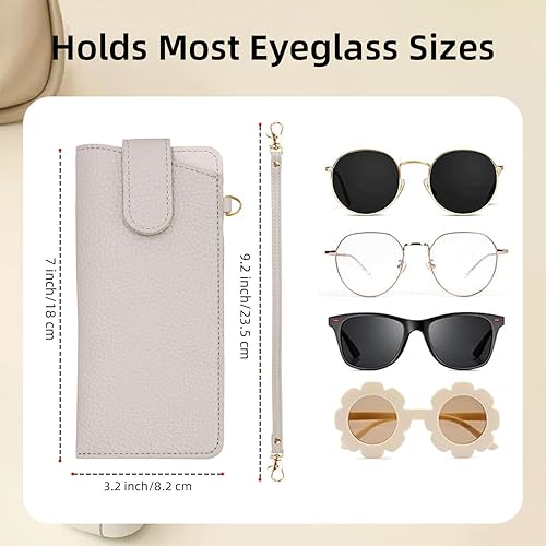 Miniatura 5 de Estuches suaves para gafas, bolsa portátil para lentes con clip de botón, correa de muñeca, fundas de cuero para gafas de viaje (gris claro)