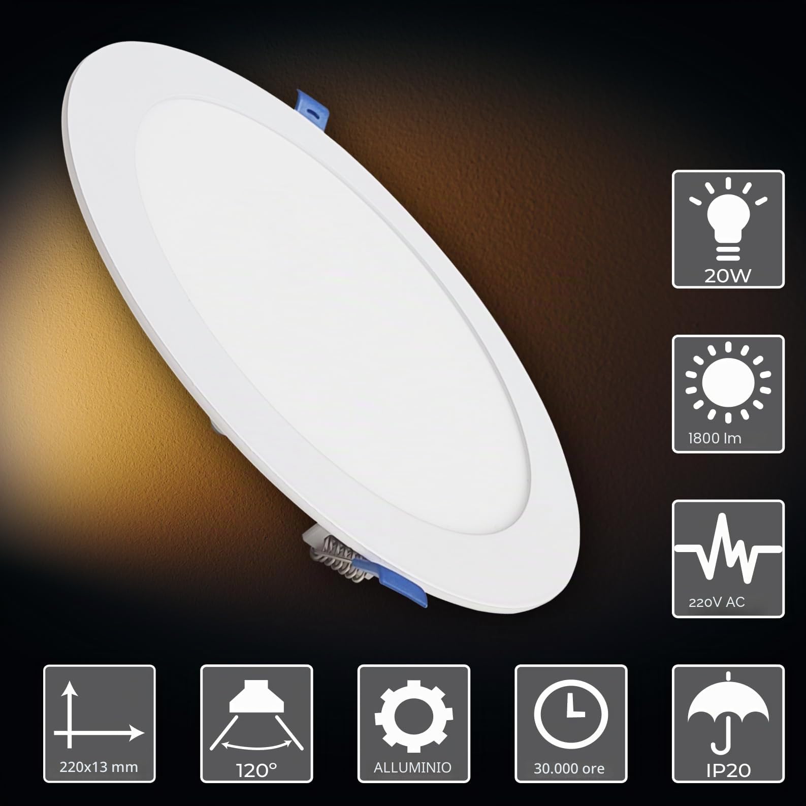 LED ATOMANT Confezione da 5 Pannello LED Downlight da Incasso Rotondo Piato 220mm 20W, Colore Bianco Neutro (4500K), 1800 Lumen, Driver incluso