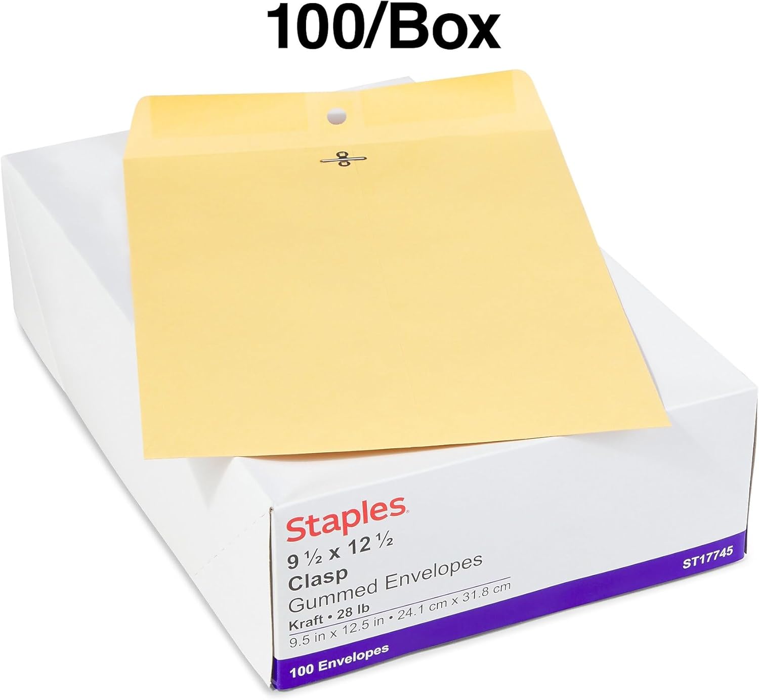 Staples 9.5 x 12.5 Kraft Clasp Envelopes, Brown, Heavyweight Open‑End Mailers with Metal Clasp & Gummed Flap, 100/Box