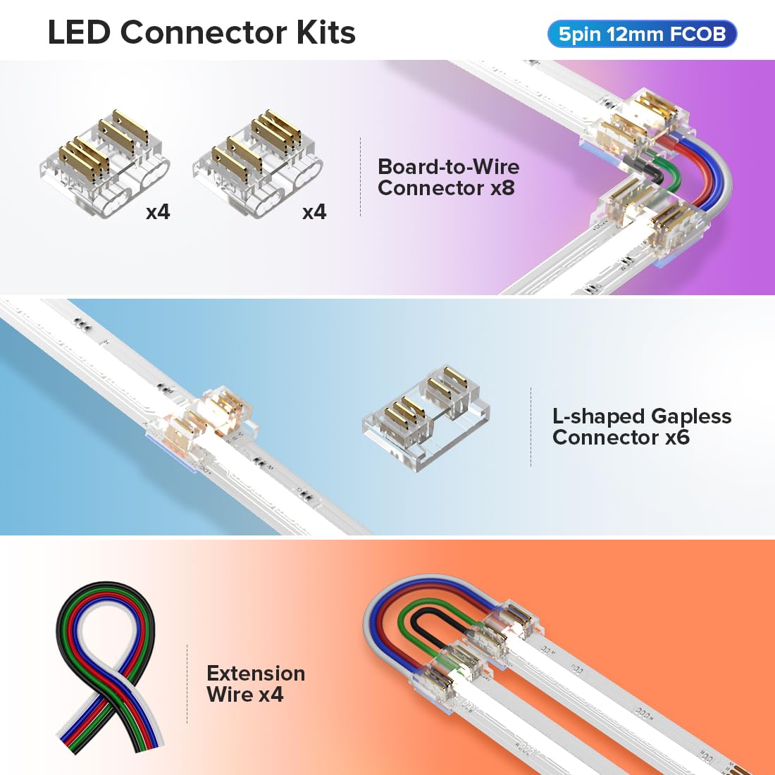 12 mm 6-pins RGB CCT COB LED-connectorkit - 5 stuks naar strip, 4 stuks L-vormige hoek, 4 stuks 10 cm tot draad extensions, compatibel met FCOB 6- pins RGB CCT LED-strips
