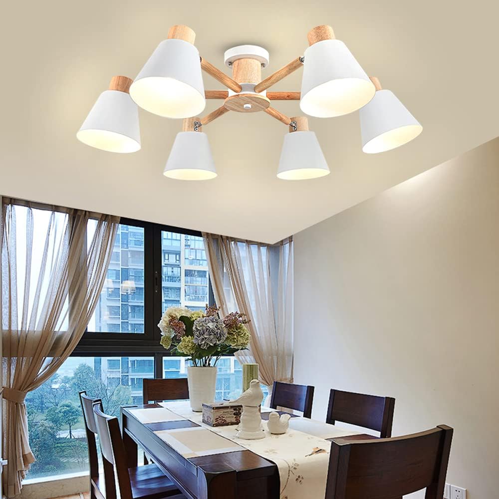 6-Lights Modern Ceiling Pendant Light 32 inch Wooden Recessed Ceiling Lights Flush Mount Chandelier Lighting for Living Room, Bedroom, Foyer, E26 White Close to Ceiling Light Fixtures