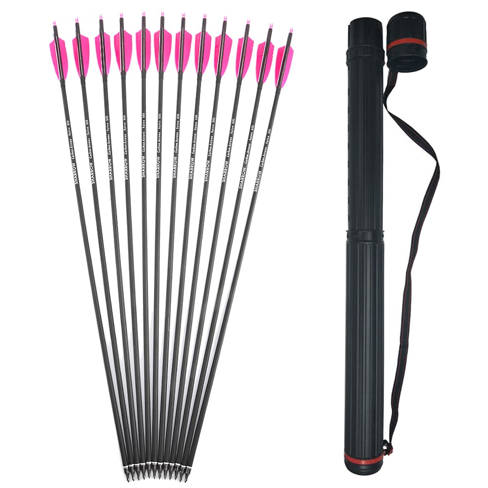 SHARROW 32 Inches Archery Carbon Arrows Spine 500 Archery Target Arrows Adult Hunting Arrows with 4" Nature Feathers for Compound Bow Recurve Bow Longbow Bow And Arrow For Hunting (1Quiver+Pink, 6P) — image 1
