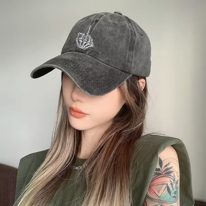 Image of Unisex Skull Skeleton Hand Hat, Embroidered Halloween Bones Finger Adjustable Washed Cotton Denim Baseball Cap
