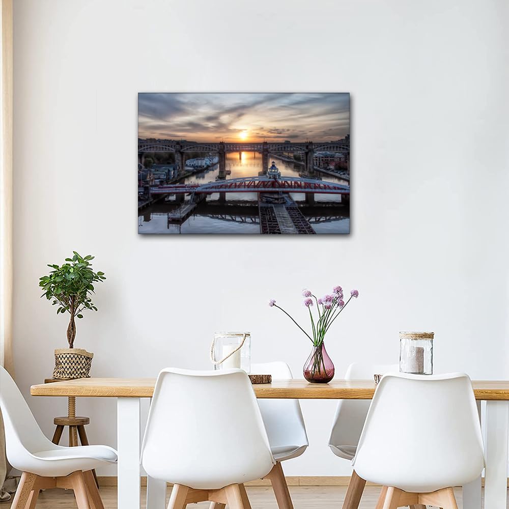 Home Decor Wall Art Newcastle UK Wall Paintings High Level Bridge Pictures for Living Room 1 Piece River Tyne Artwork for Home Walls Wooden Framed Gallery-Wrapped Ready to Hang (16''Wx 24''H) - Image 2