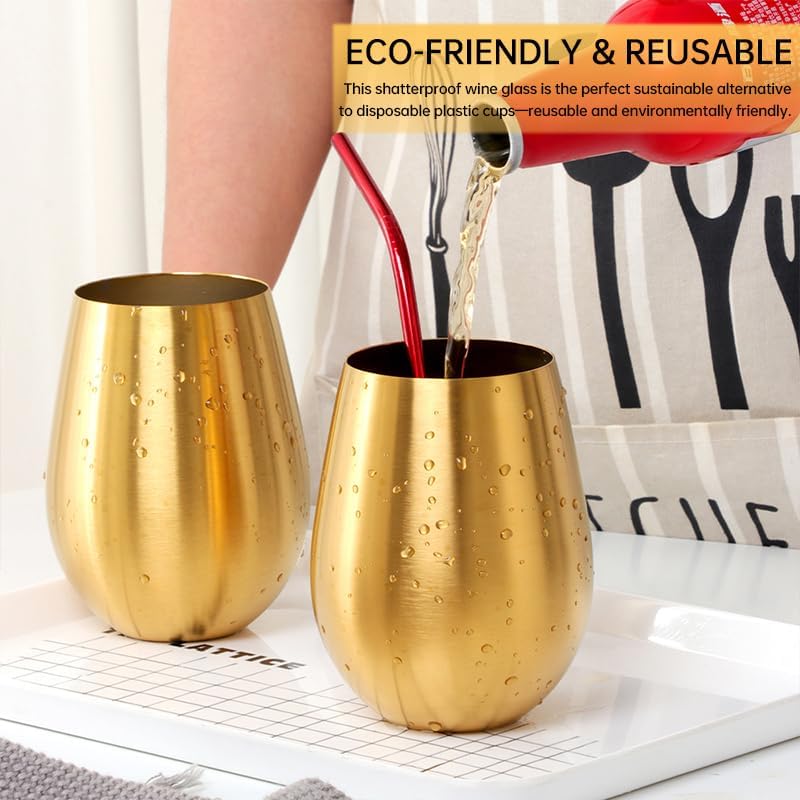 Buyer Star 304 Stainless Steel Wine Glasses Set of 4 - Large 17 oz Outdoor Stemless Wine Tumblers - 100% Unbreakable & Stemless Metal Drinking Cups for Home and Outdoors Dishwasher safe (Gold) - Image 6