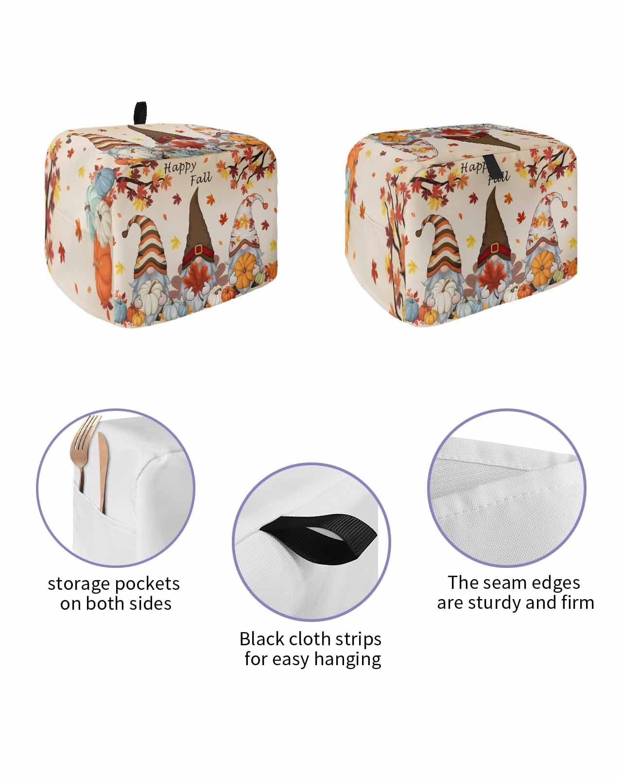 Autumn Toaster Cover 2 Slice, Pumpkin Maple Leaf Thanksgiving Gnomes Bread Maker Dust Cover with Pockets for Kitchen Small Appliance 12x7.5x8in