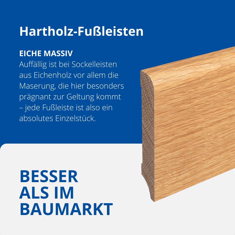 REESE | MASSIVHOLZ Sockelleiste | Eiche LACKIERT | Münchener Profil | Oberkante Rund | (100mm Höhe, 1 Stück / 2,3lfm)