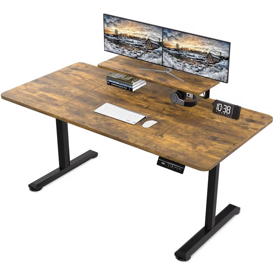 TRIUMPHKEY 180x80cm Escritorio Elevable Eléctrico con Estantes para Monitor y 2 Alturas de Memoria, Mesa Elevable Escritorio en Altura 73-118cm, Escritorio Oficina con Tablero Ensamblado Marrón