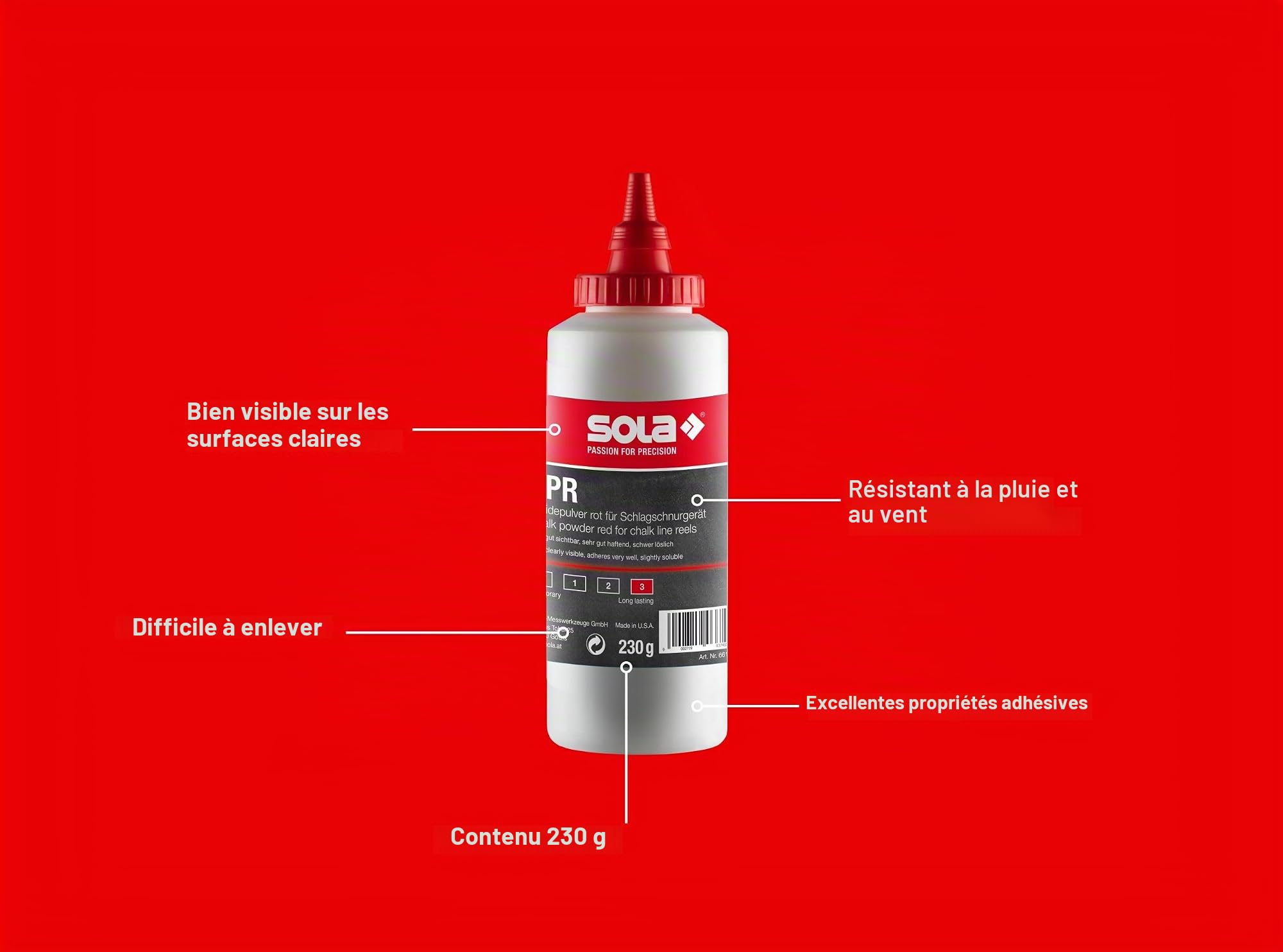 Sola CLKS Kit de ligne de frappe rouge – 30 m de fil de marquage avec craie rouge [230 g] dans un kit pratique – Enroulement rapide de la ligne grâce à l'engrenage 6:1 – Grand boîtier en plastique