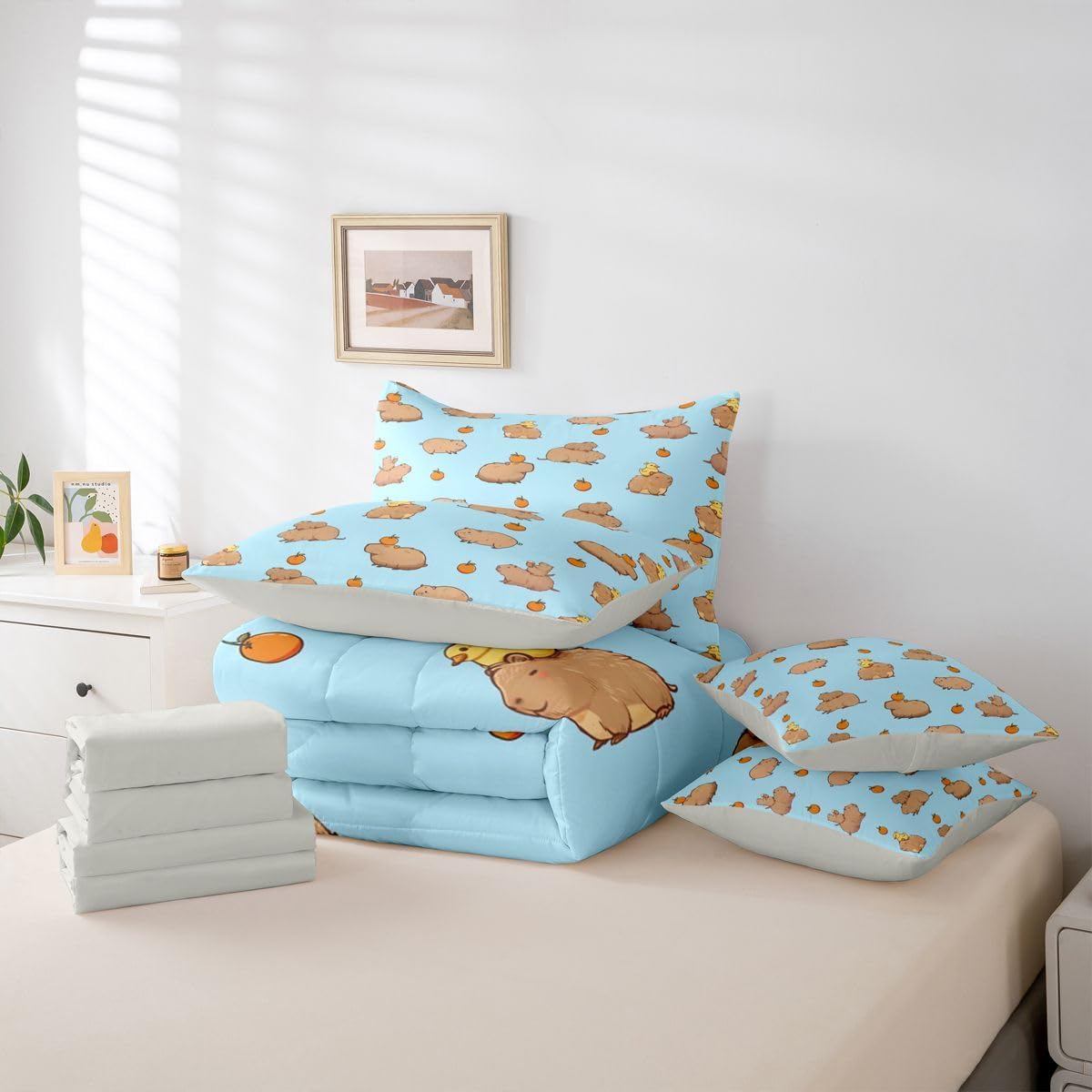 Erosebridal Cartoon Capybaras Twin Bed in A Bag 7 Piece Cute Animals Print Comforter Set with Sheets Capybara Lovers Ducks Bedding Sets for Kids Adults,Blue Khaki Capybara Bed Set