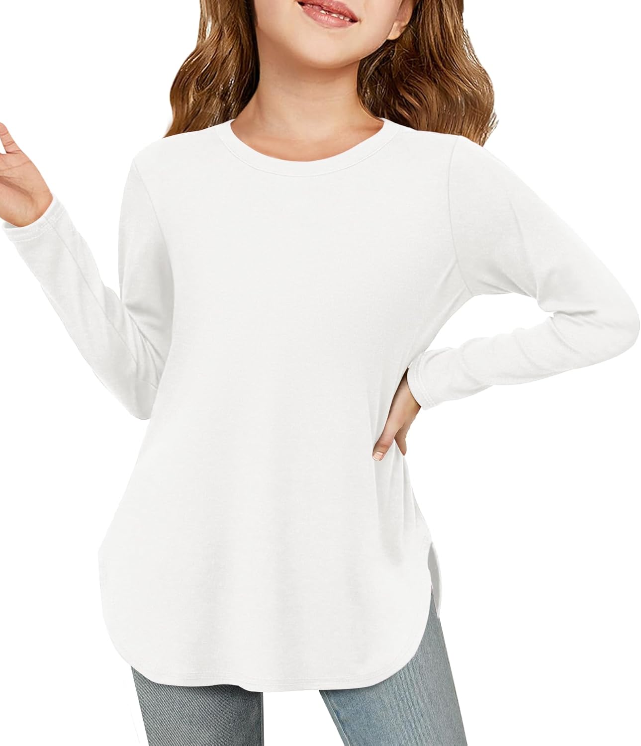Haloumoning Meisjes T-shirt met lange mouwen en ronde hals Tops Kinderen Effen Schattig Langmouwshirt Casual Basic Bovenstuk 5-14 jaar, blauw, 11-12 Jaar