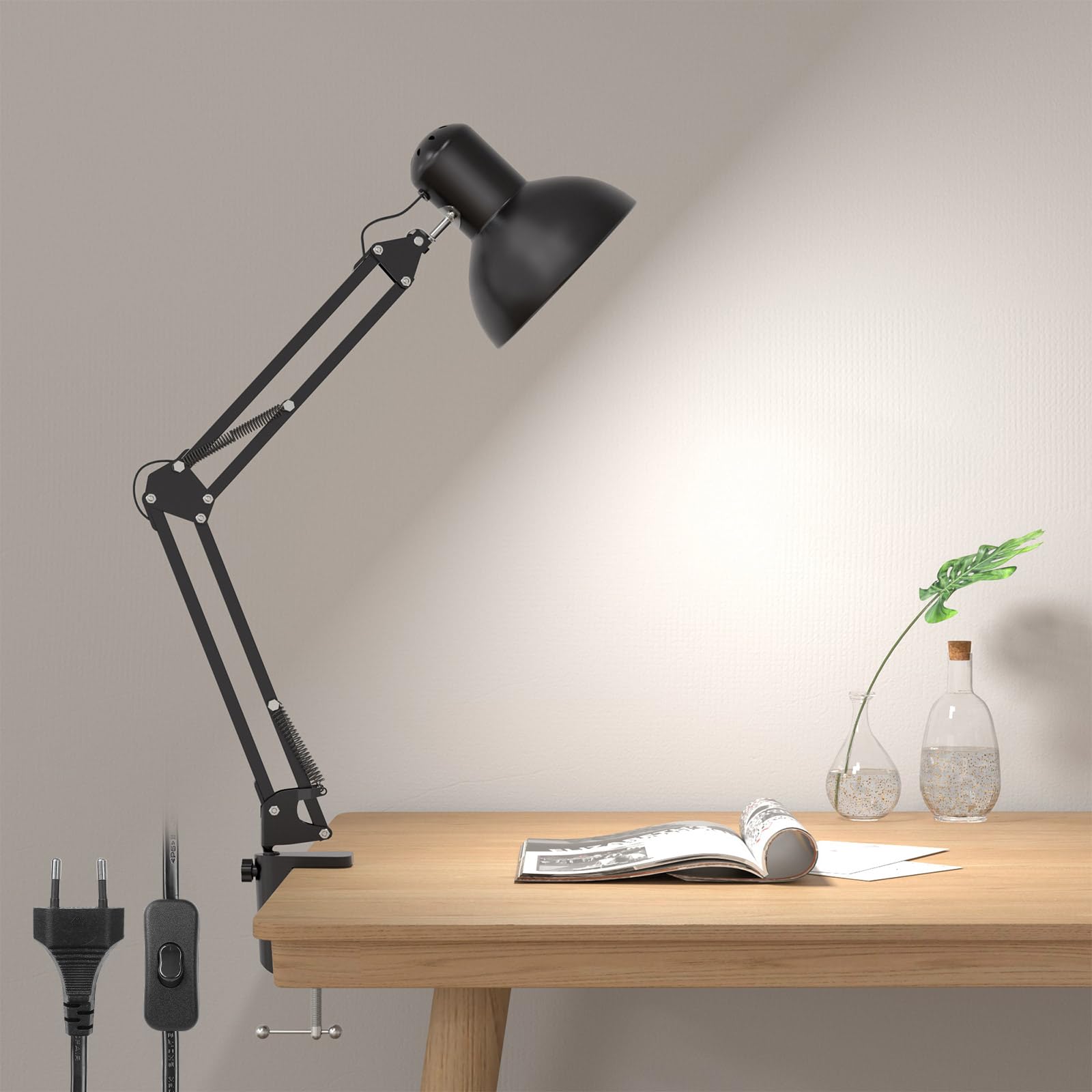 Lepro Lámpara Escritorio LED Industrial con Abrazadera Ajustable, Flexo LED Escritorio Metal Vintage 40W, Lámpara de Mesa de Noche para Cabecera, Estudio, Bombilla E27 No Incluida, Negro