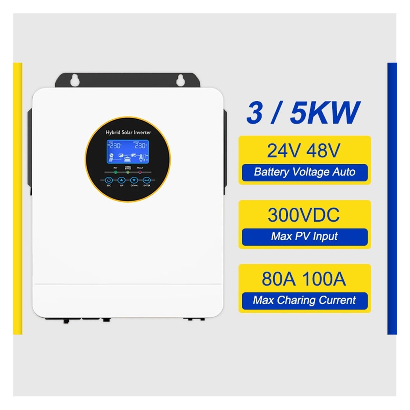 Onduleur Hybride Solaire 3kw 5kw, 24/48V, monophasé 120V, Hors réseau, avec 100a-120a Max PV 300V(3KW 24V)