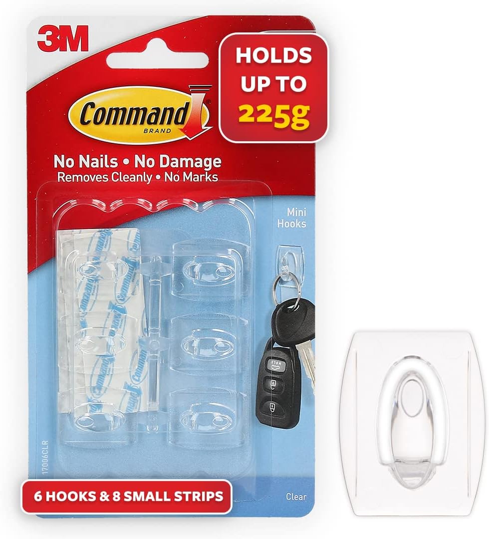 - 3M Command Clear Mini Wall Hooks, holds 225gms, no paint damage, Holds Strongly, Adhesive hooks for wall, Reusable, Multi-surface (Transparent, 6 hooks, 8 strips)