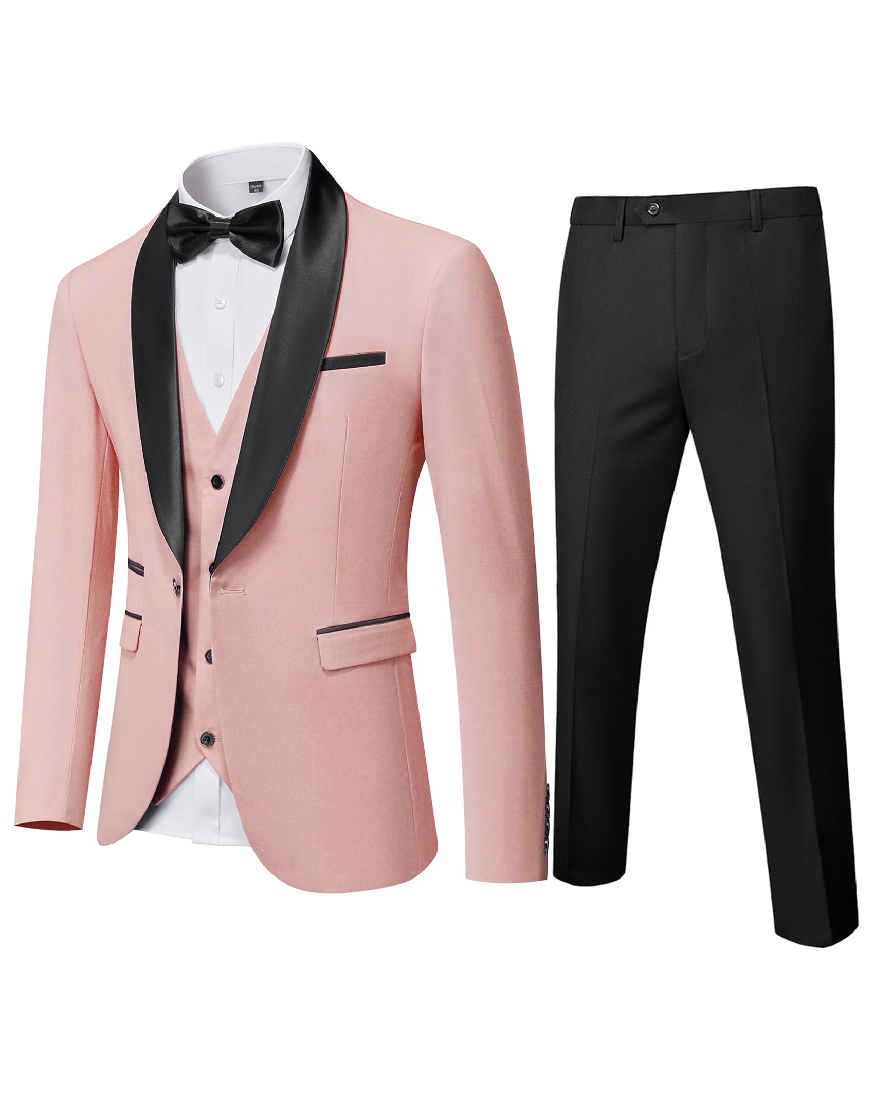 YND Men's 3 Piece Slim Fit Tuxedo Set, One Button Shawl Collar Solid Jacket Vest Pants with Bow Tie