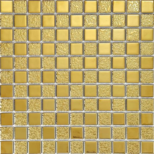 Hominter Gold Mosaic Ceramic Tile Glossy Textured Porcelain for Backsplash in Kitchen & Bathroom, Shower Floor and Wall, Fireplace Decor (5 Square Feet) - Image 3