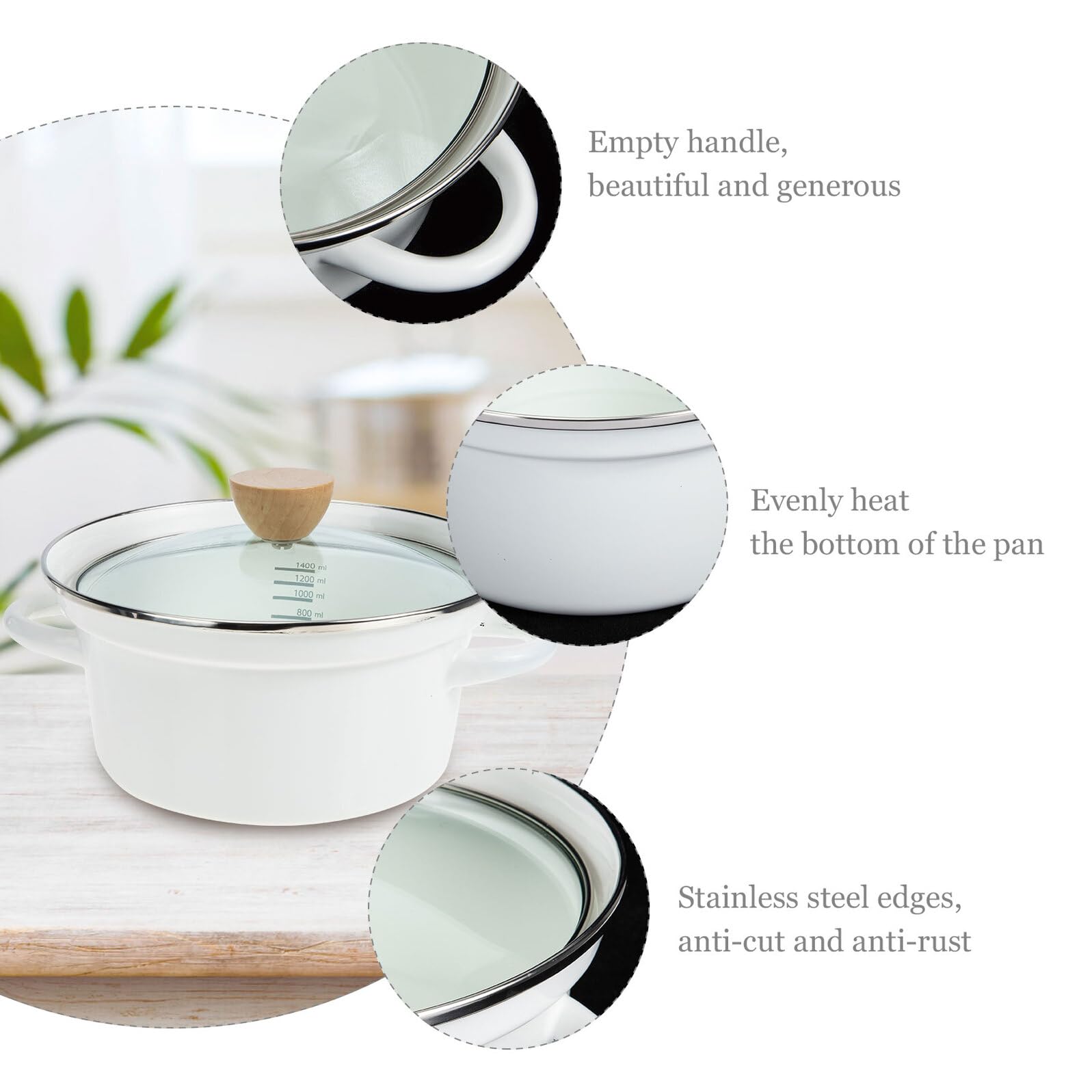 Emaille Kochtopf Weiß mit Holzgriff für Gas und Induktion