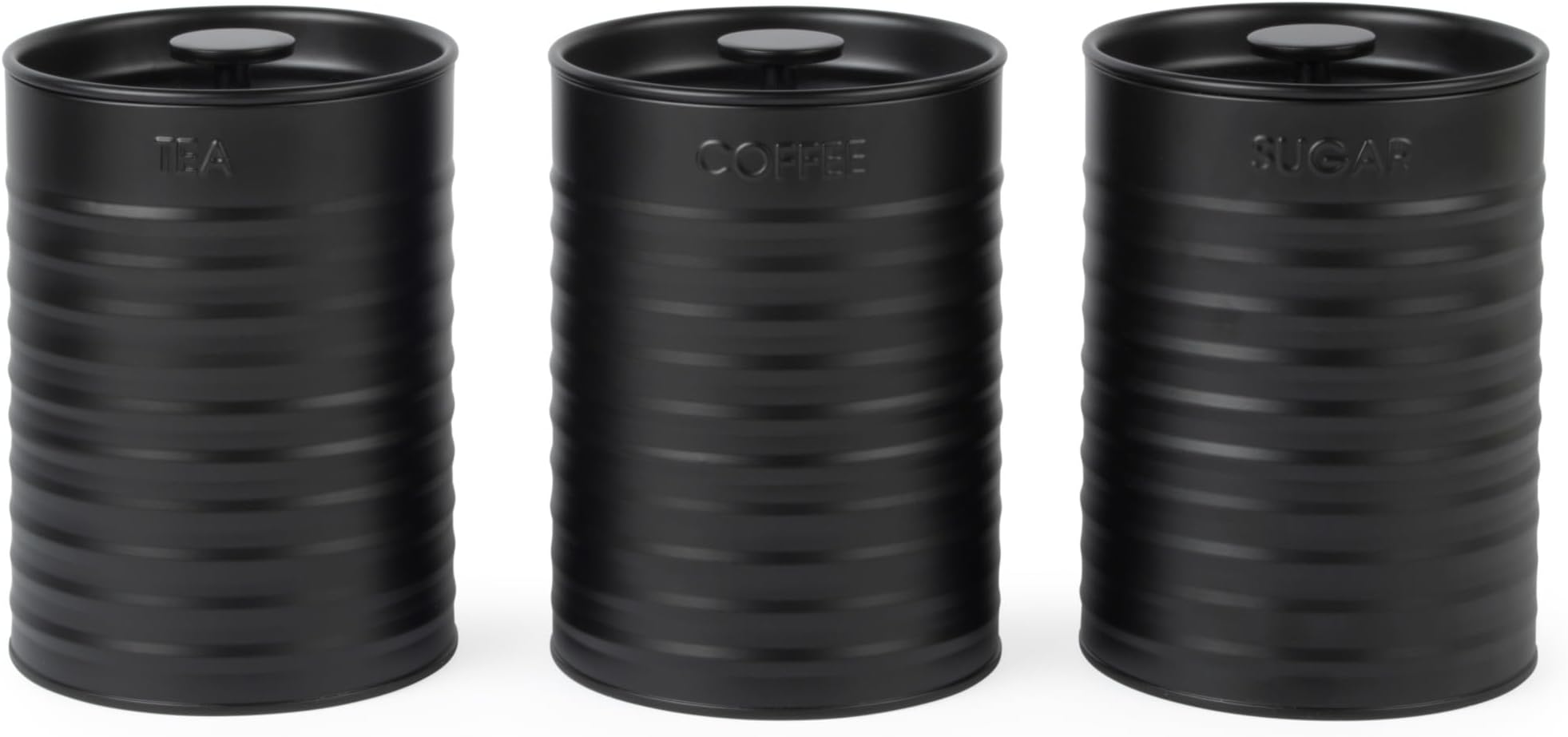 Russell Hobbs Ribbed 3-Piece Canister Set – Set of 3 Kitchen Storage Canisters for Tea, Coffee and Sugar, Durable Powder-Coated Steel, Pull Top Lids, Easy to Clean, Ribbed Design, Black