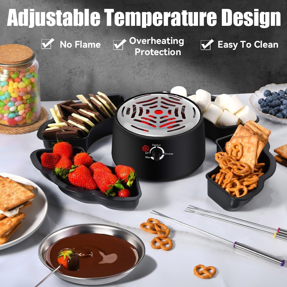 Marshmallow Toasting Kit - Chocolate Fondue Set with 5 Accessories, Adjustable Temperature 340ml Bowl, Easy to Clean