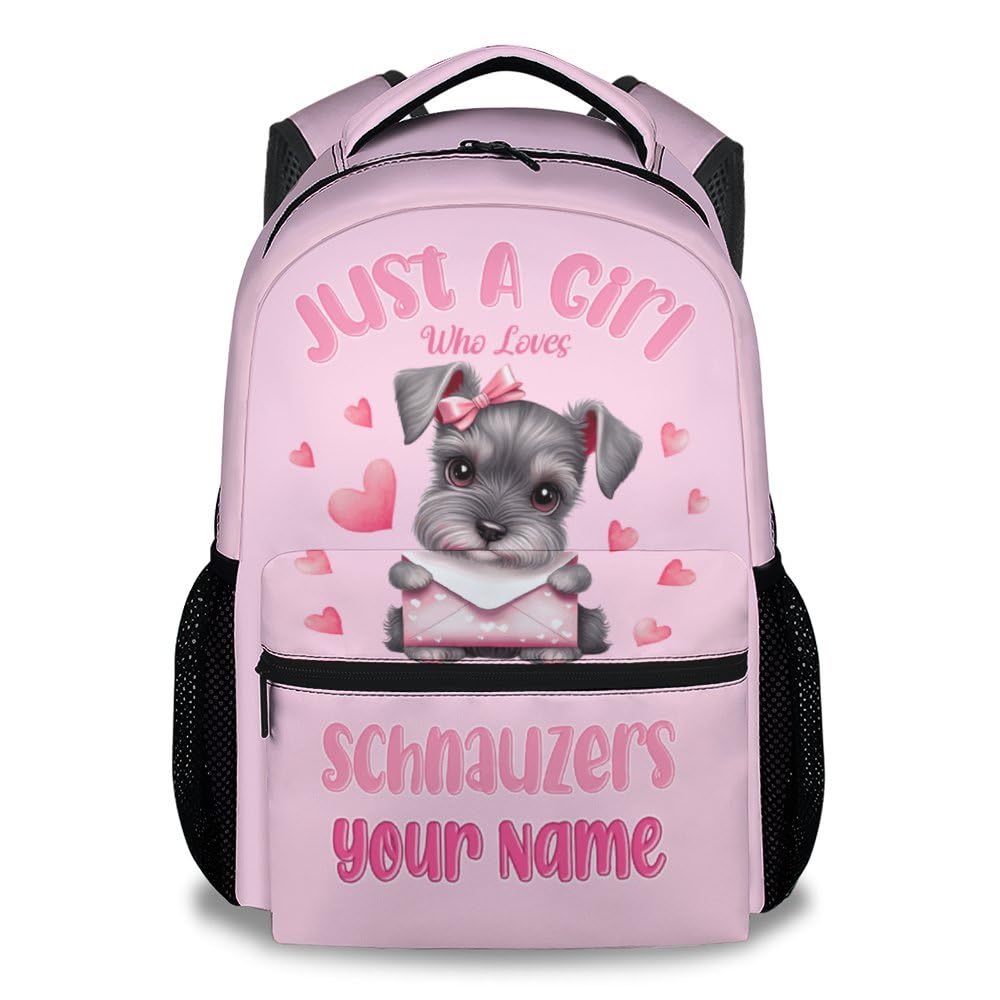 UNIKITTY Personalized Kids Backpack for Girls, Schnauzer Backpack for Primary Middle School, 17" School Backpack for Kids Children, Pink Cute Large