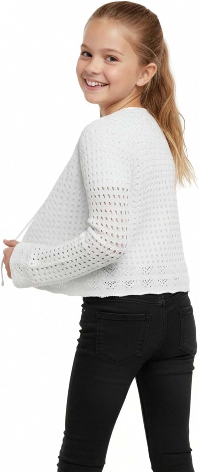 Girl's Tie Front Bell Sleeve Crochet Cardigan Hollow Out Long Sleeve Knit Crop Cover Up Top 5-14Y