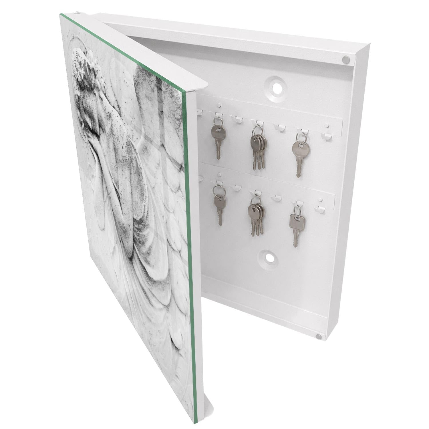 Armadietto Portachiavi 30x30 cm | Bianco | A Sinistra | Montaggio a Parete | Soccorso Angelico | Frontale Decorativo in Vetro Temperato | Tasselli e Viti Inclusi | in Metallo | per Uffici