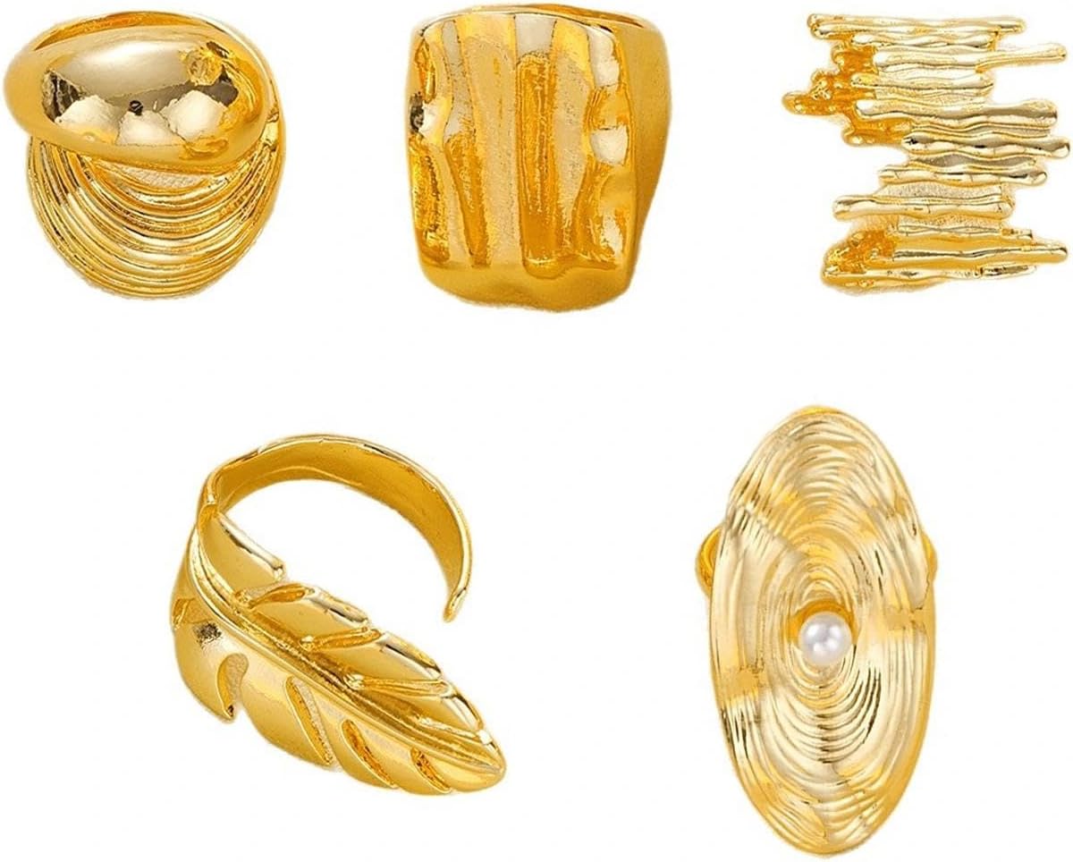 Chunky Gold Irregular Leaf Pearl Knuckle Rings Set for Women,Vintage Aesthetic Geometric Dome Stacked Joint Ring,Statement Jewelry Accessories Gifts - Image 7